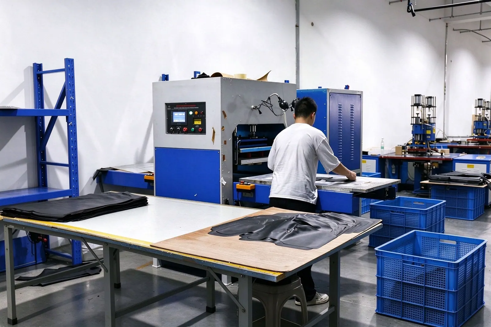 A worker handling dark material pieces beside blue processing equipment