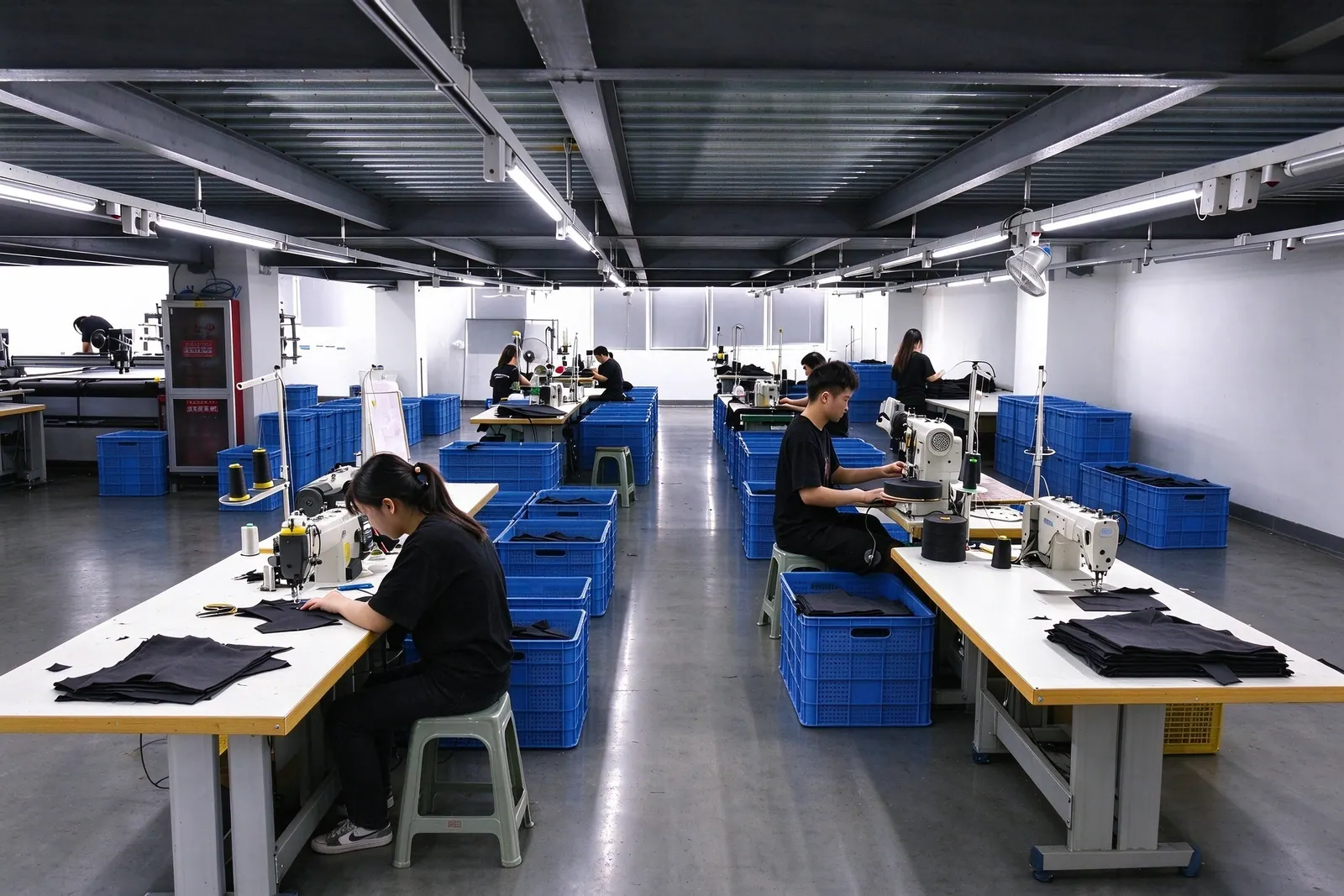 Workers sewing dark textile pieces at rows of sewing machines