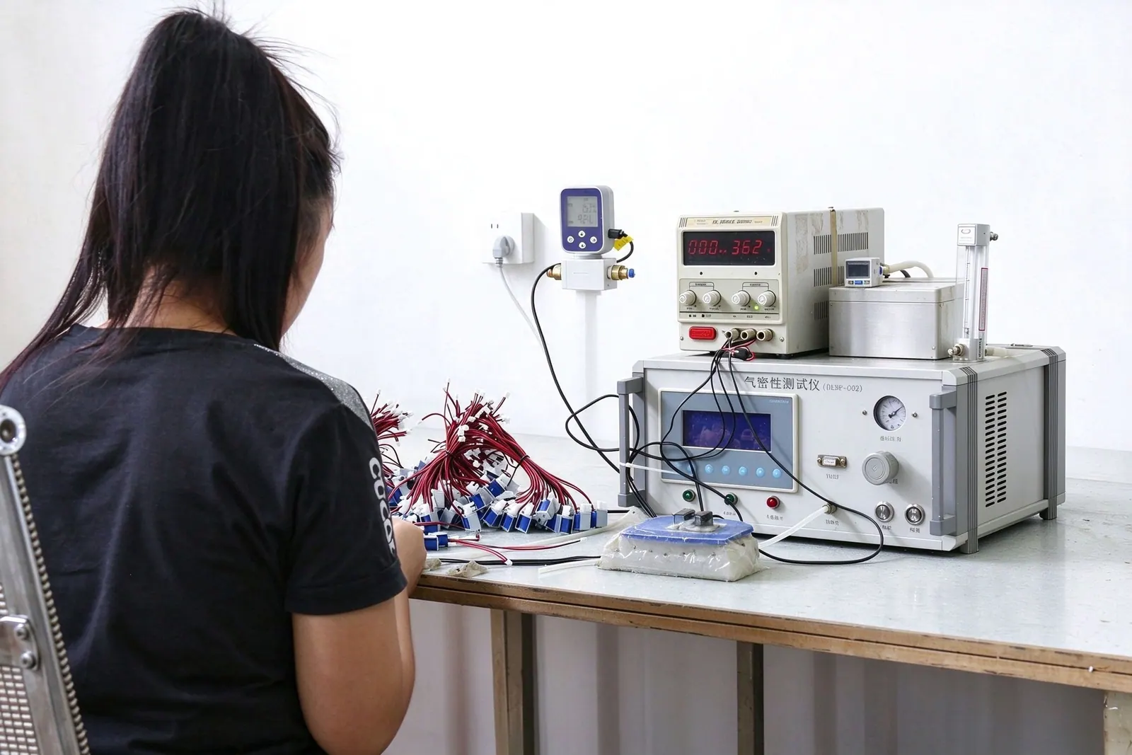 A worker at an air-tightness testing station with connected components