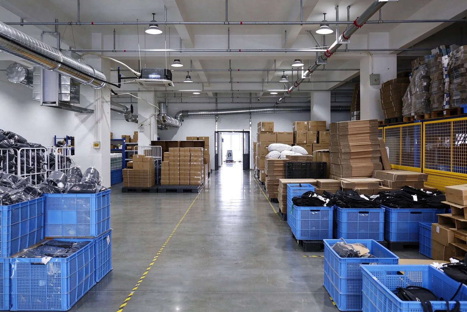 Storage aisle with blue crates, packed components and stacked cartons